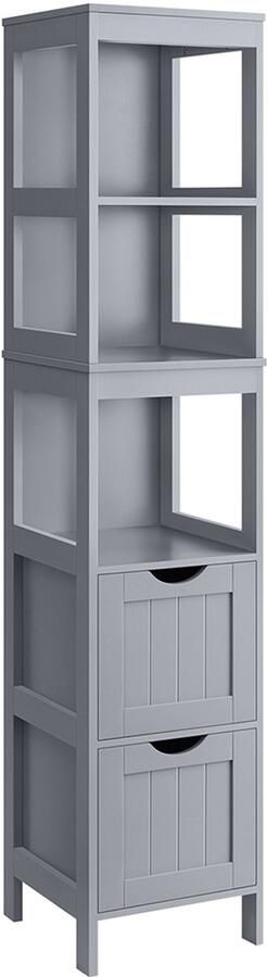 Opbergkast Badkamerkast Dressoir Multifunctioneel Opbergmeubel met 3 open vakken en 2 lameldeuren grote capaciteit en veelzijdige opslag stevige houten constructie stijlvolle en minimalistische vorm 30 x 30 x 141 5 cm grijs