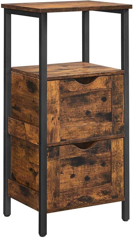 Opbergkast badkamerkast nachtkastje multifunctioneel opbergmeubel met 2 lades en 1 open vak stevig metalen frame stijlvolle en minimalistische uitstraling geschikt voor woonkamer slaapkamer en badkamer 37 x 30 x 80 cm bruin + zwart