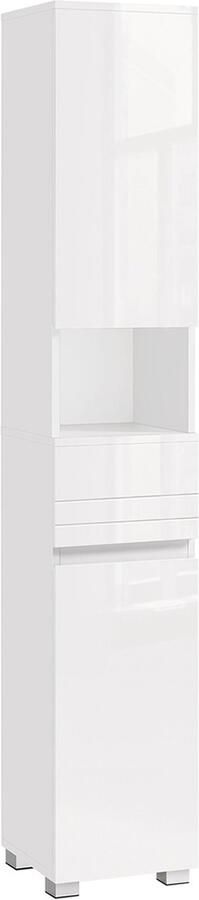 Opbergkast Badkamerkast Staande kast Smalle kast met verstelbare plank 2 deuren 1 lade en 1 open opbergvak stevig en duurzaam houten frame geschikt voor keuken woonkamer slaapkamer en badkamer 30 x 30 x 170 cm wit