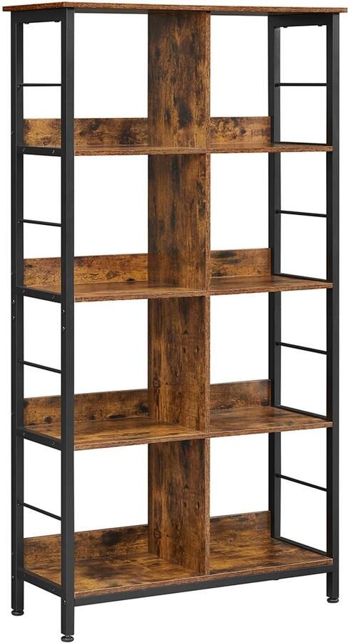 Opbergkast Boekenkast Vitrinekast Multifunctioneel opbergmeubel met 8 open opbergvakken Stevig metalen frame Stijlvol en modern ontwerp Geschikt voor kantoor woonkamer en slaapkamer 80 x 33 x 149 cm Bruin + zwart