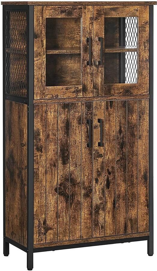 Opbergkast dressoir kast vitrinekast met 2 gehard glazen deuren 2 houten deuren en verstelbare plank stevige metalen frame geschikt voor woonkamer slaapkamer en keuken 60 x 30 x 108 cm bruin + zwart