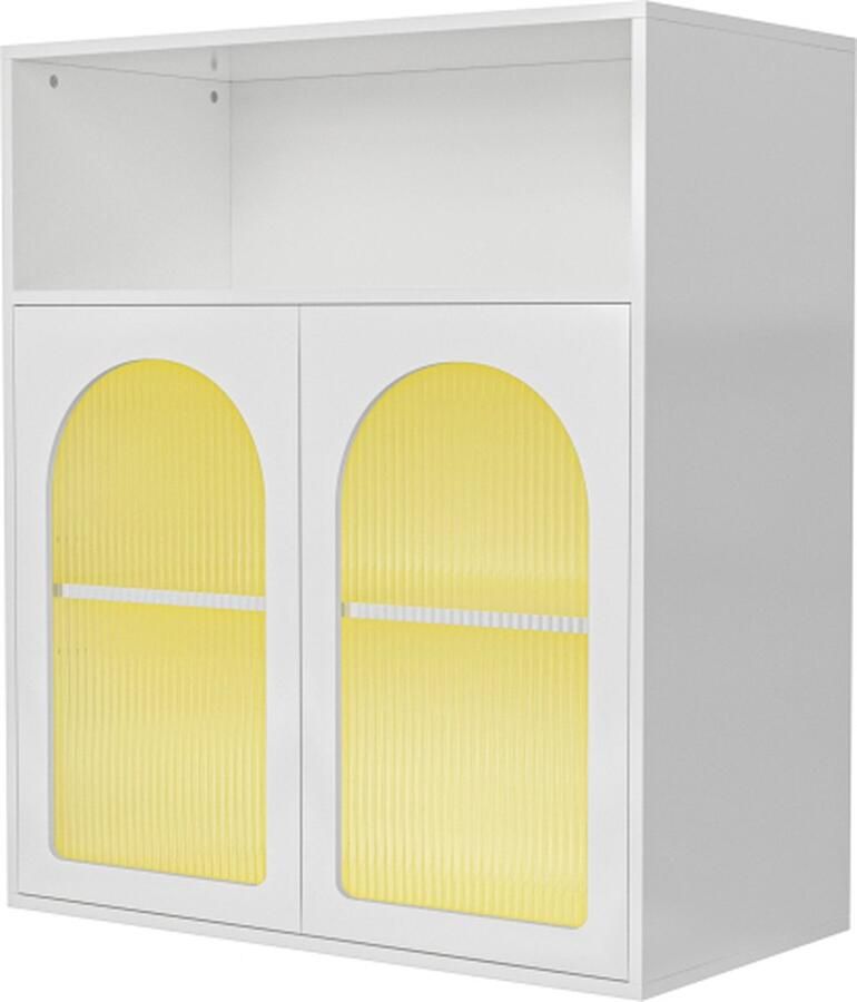 GOTAGEE Opbergkast Dressoir met glazen deur en LED-licht Houten kast Keukenkast Thuiskast Woonkamerkast Wit 70x35x90cm