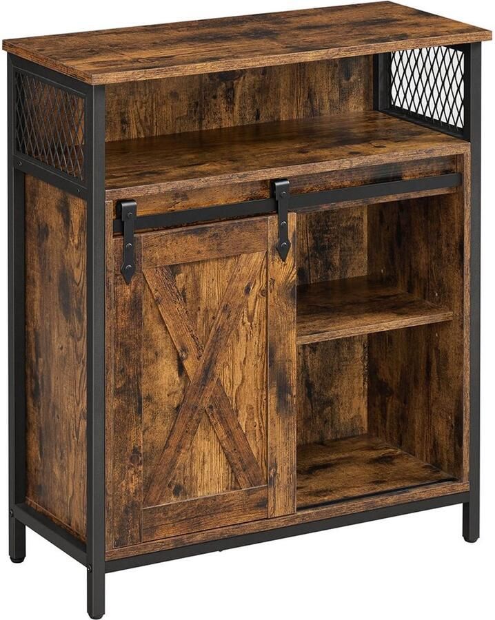 Opbergkast dressoir zijkast multifunctioneel opbergmeubel met 1 open opbergvak 2 schuifdeuren en verstelbare plank stevig metalen frame geschikt voor woonkamer slaapkamer en keuken 70 x 30 x 80 cm bruin + zwart