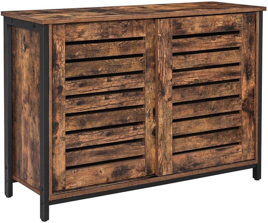 Opbergkast dressoir zijkast multifunctioneel opbergmeubel met 2 jaloezie schuifdeuren en verstelbare plank stevig metalen frame geschikt voor woonkamer slaapkamer en keuken 100 x 35 x 70 cm bruin + zwart