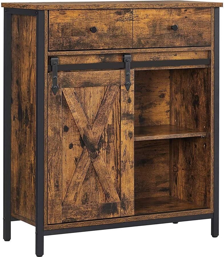 Opbergkast dressoir zijkast multifunctioneel opbergmeubel met 2 lades 2 schuifdeuren en verstelbare plank stevige metalen frame geschikt voor woonkamer slaapkamer en keuken 70 x 30 x 80 cm bruin + zwart