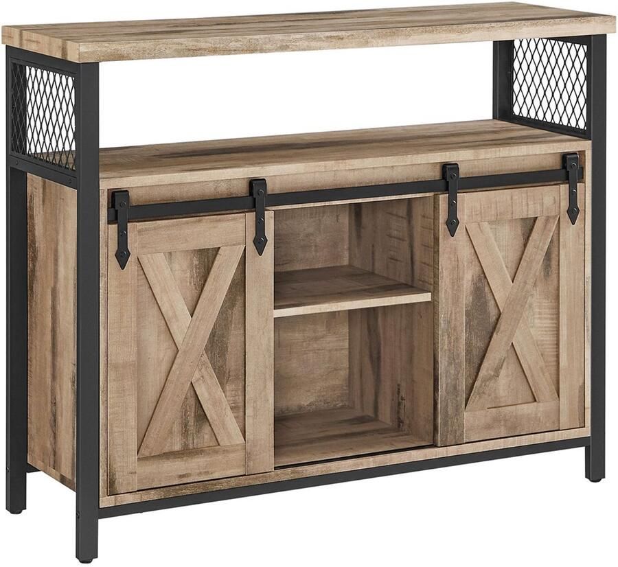 Opbergkast Dressoir Zijkast Multifunctioneel opbergmeubel Met 3 open opbergvakken 2 schuifdeuren en verstelbare plank Stevig metalen frame Geschikt voor woonkamer slaapkamer en keuken 100 x 33 x 80 cm naturel