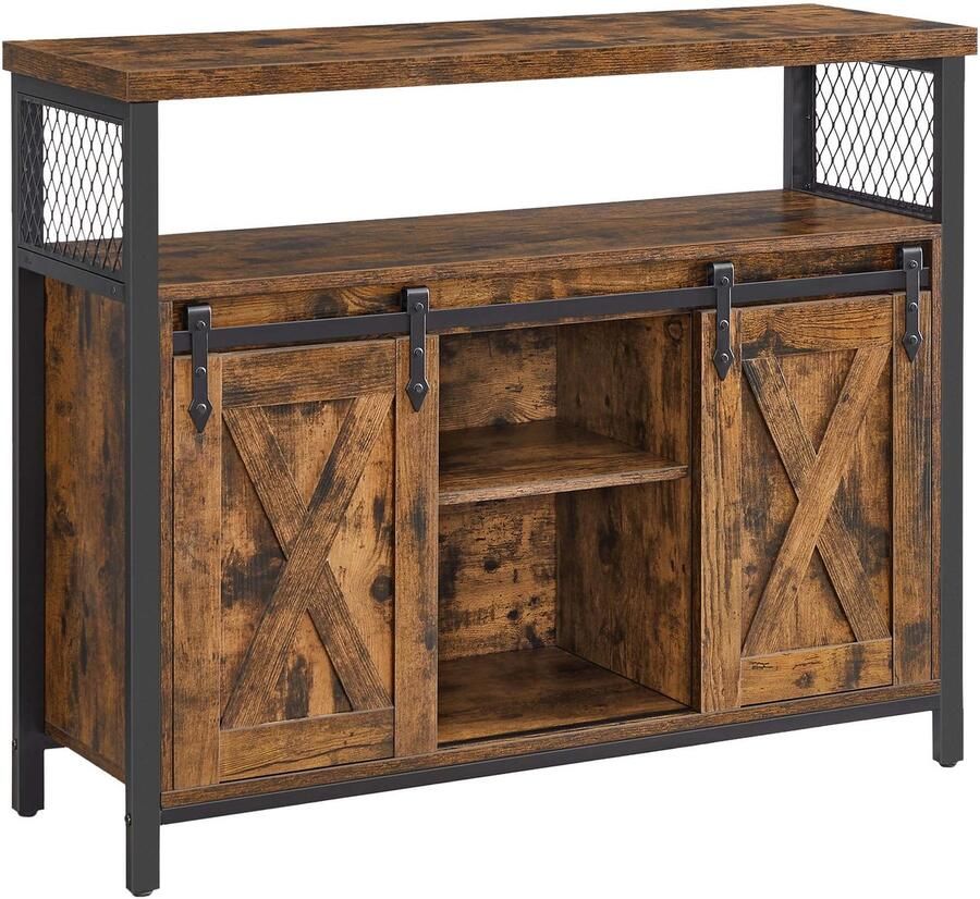 Opbergkast Dressoir Zijkast Multifunctioneel opbergmeubel Met 3 open opbergvakken 2 schuifdeuren en verstelbare plank Stevig metalen frame Geschikt voor woonkamer slaapkamer en keuken 100 x 33 x 80 cm Bruin + zwart