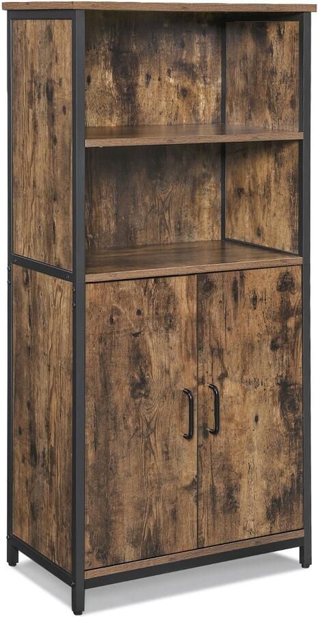 Opbergkast Hoge kast Dressoir Vitrinekast met 2 open vakken 2 houten deuren en verstelbare planken Stevig metalen frame Geschikt voor woonkamer slaapkamer en keuken 60 x 35 x 125 cm Bruin + zwart