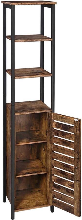 Opbergkast Hoge kast Dressoir Vitrinekast met 3 open vakken 1 houten luikdeur en verstelbare plank Stevig metalen frame Geschikt voor woonkamer slaapkamer en keuken 37 x 30 x 167 cm Bruin+Zwart