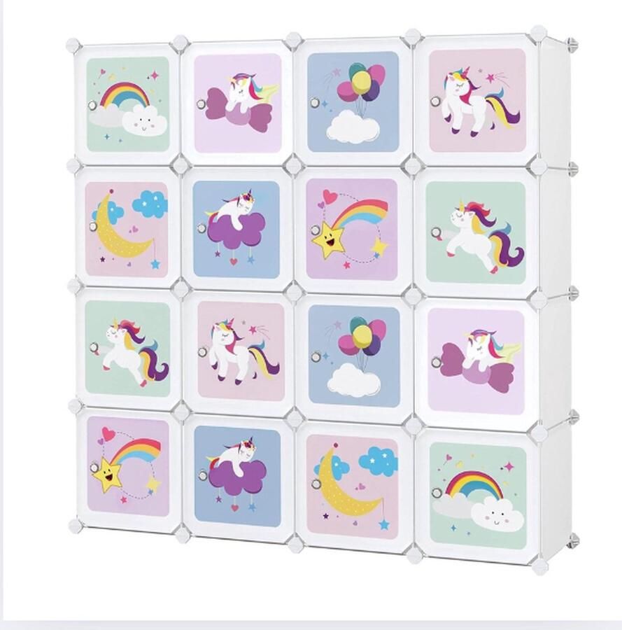 Opbergkast met 16 kubussen voor kinderen en schoenenrek van kunststof multifunctioneel en stevig wit 123 x 31 x 123 cm Kledingkast