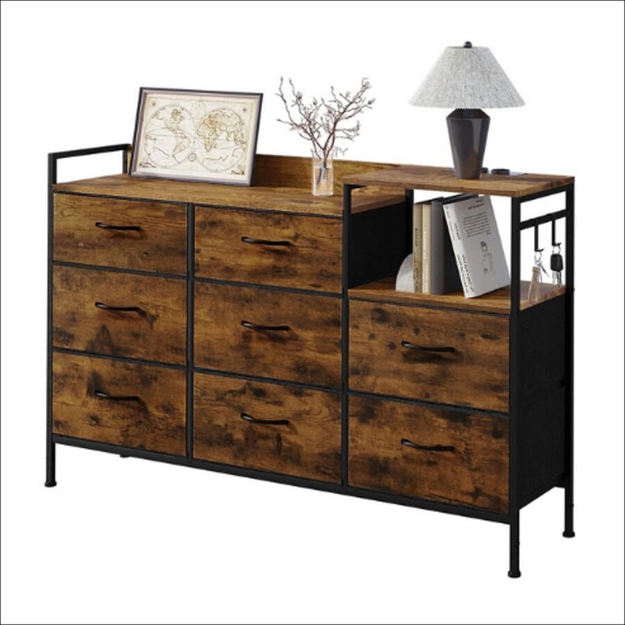 Opbergkast met 8 lades en oplaadstation ladekast met USB en stopcontacten vintage houtlook met zwart metaal 132x88x30 cm stoffen lades met haken dressoir voor woonkamer of slaapkamer