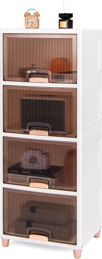 Opbergkast met Magnetische Deuren en Houten Poten 150L Set van 4 Stapelbare Kunststof Voorraaddozen 45 x 38 x 117 cm Wit