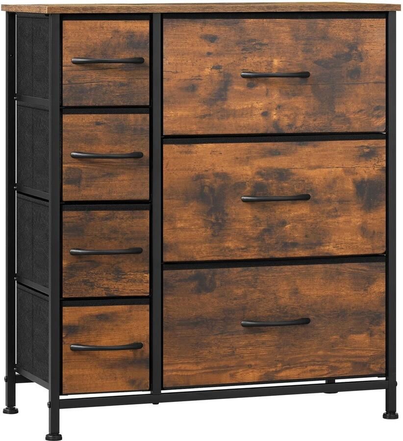 Opbergkast met 7 Stoffen Laden – Dressoir – Metalen Frame – Rustiek Bruin en Zwart – 63 5x30x73 cm – Industriële Ladekast – E1 Hout – Voor Woonkamer Slaapkamer Hal – Compact en Stabiel – Met Anti-Kantel Beveiliging