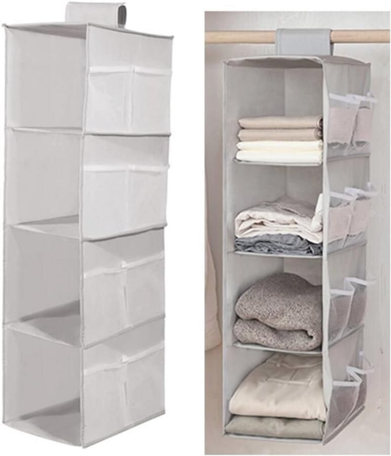 Opbergkast voor Hangende Kleding 4 Niveaus in Lichtgrijs Inklapbare Organizer met Zakken