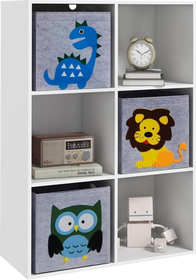 Opbergkast voor kinderen rek voor kinderkamer boekenkast 6 vakken 3 kubussen van stof dierenmotief voor speelkamer kinderkamer 62 x 30 x 91 5 cm wit