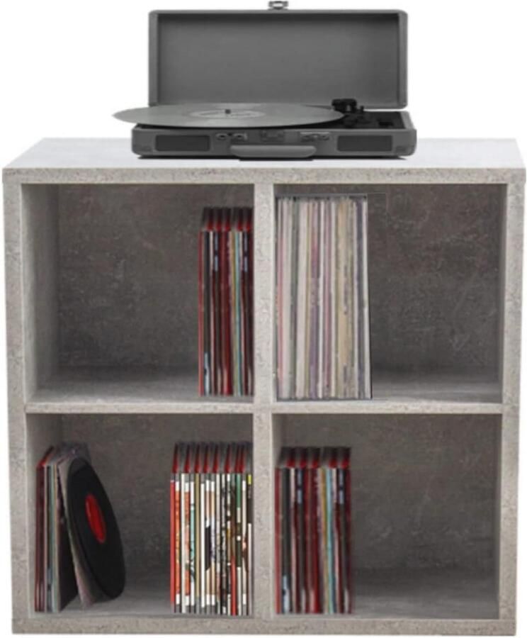 Opbergkast voor LP Vinyl Platen – Industieel Design in Grijs Beton – Multifunctionele Boekenkast