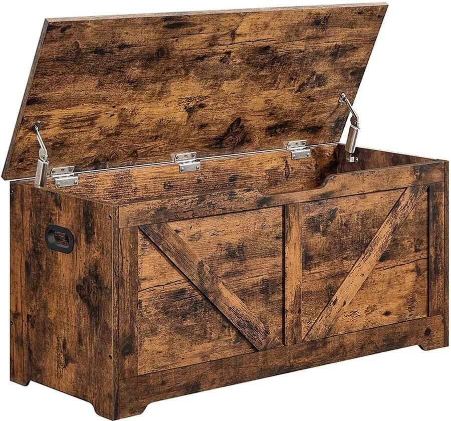 Opbergkist Opbergbank Dekenbox Schoenkast Met 2 veiligheidscharnieren Boerderijstijl Stevig houten frame Geschikt voor hal Slaapkamer Woonkamer 100 x 40 x 46 cm naturel