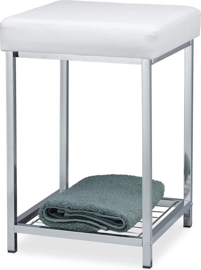 Opbergkruk kleine hocker gepolsterd vierkant met opbergruimte badkamer HBD 47x33x33cm wit Kruk