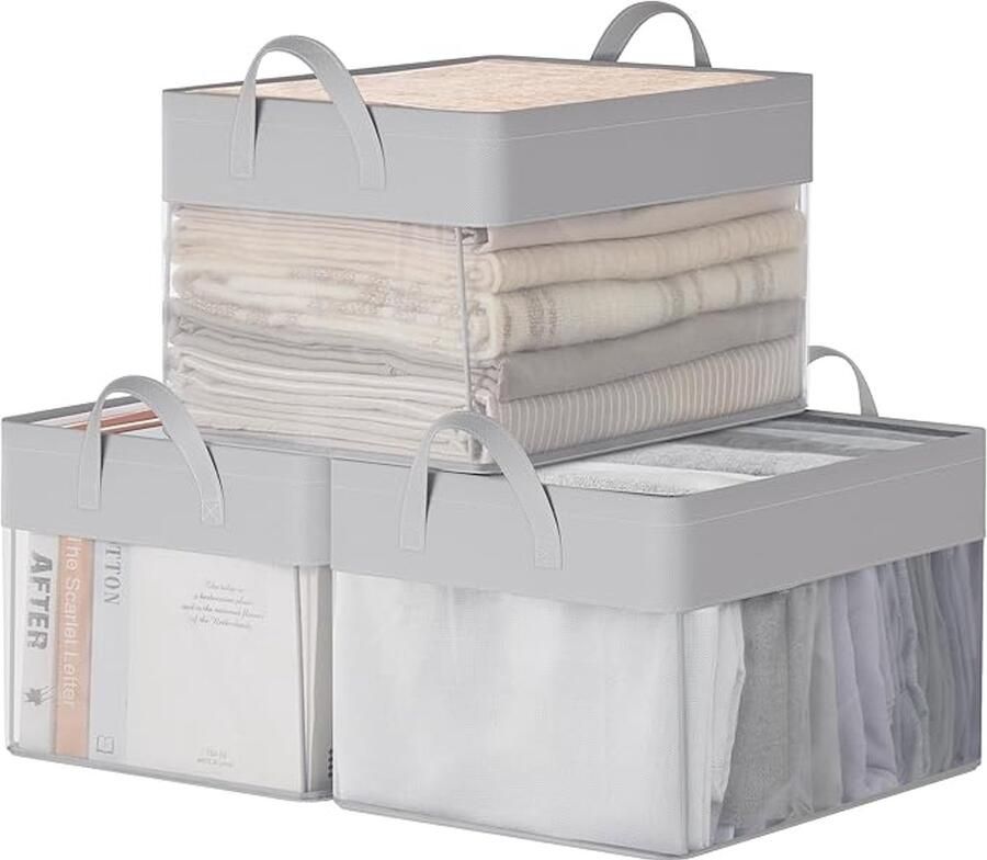 Opbergmand 3-delige set – Middelgrote vouwbare stofdozen met nylon net handgrepen 40x30x25 cm duifgrijs (RFB940G01)