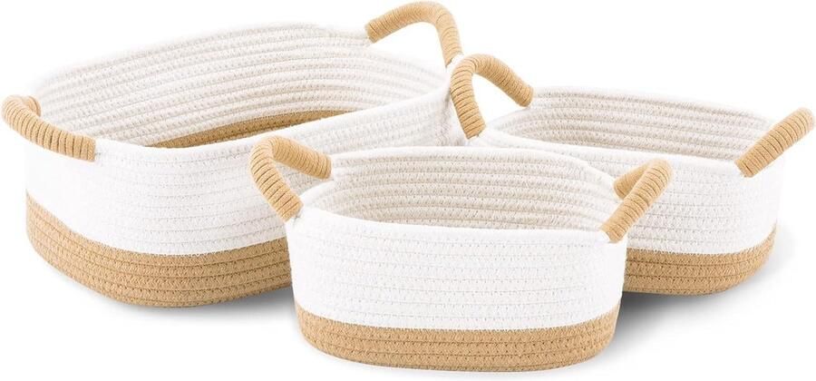 Opbergmand 3 stuks katoenen touwmand gevlochten voor plank en kast organizer manden met handvat in badkamer kinderkamer slaapkamer bruin