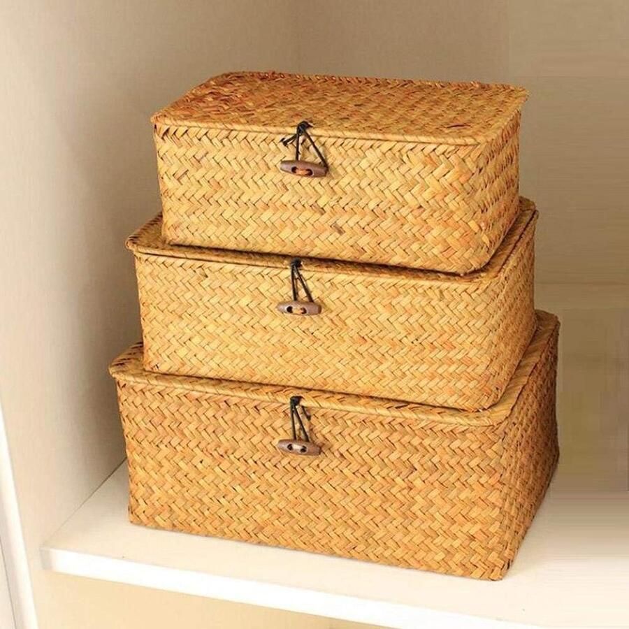 Opbergmand met Deksel Handgemaakte Zeegras Rotan Make-up Organizer 3 Stuks