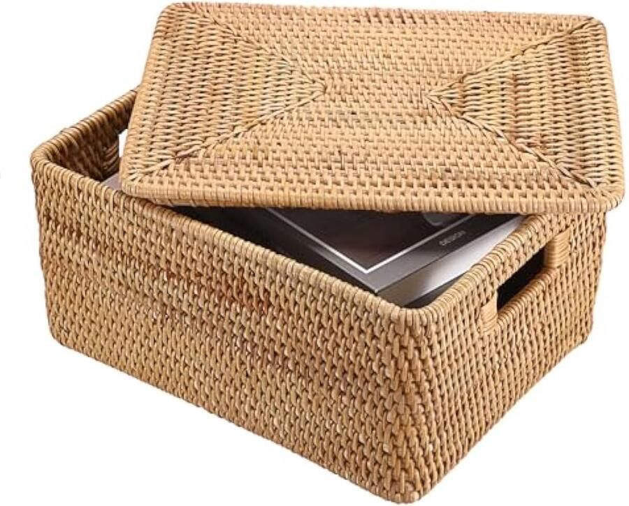 Opbergmand met deksel rotan planken opbergmand woonkamer geweven decoratieve opbergdoos kast en bureaus multifunctionele opslagcontainer voor keuken badkamer kantoor (M)