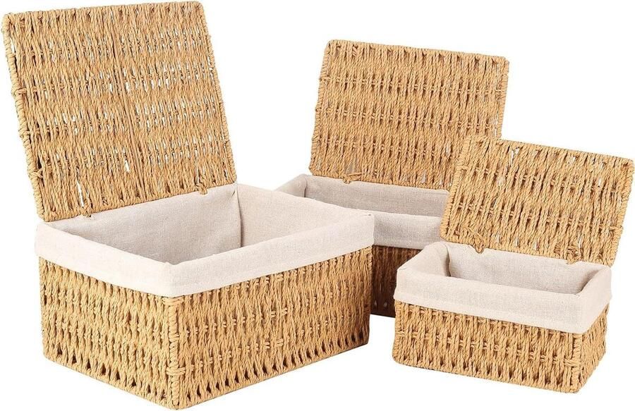 Opbergmand met deksel van gevlochten papiertouw Boho decoratie Set van 3 Opbergdoos met voering voor badkamer woonkamer keuken