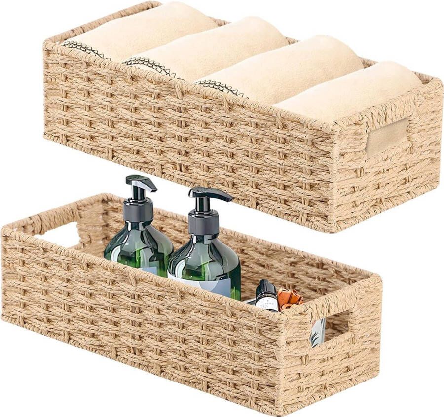 Opbergmand met handvat van natuurlijk materiaal voor slaapkamers toiletten keukens en kantoren decoratieve mandopslag voor planken papier natuurlijk 37 x 16 5 x 11 cm set van 2