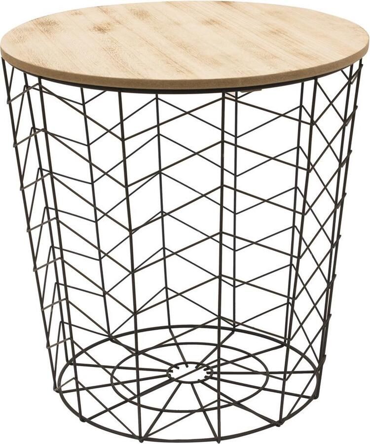 AYD Home Opbergmand met houten blad Metalen opbergmand Bijzettafel met opbergfunctie Bijzettafel met houten blad 5kg Bijzettafel industrieel Industriële opbergmand Draadmand Ronde draadmand Zwarte draadmand - Foto 2