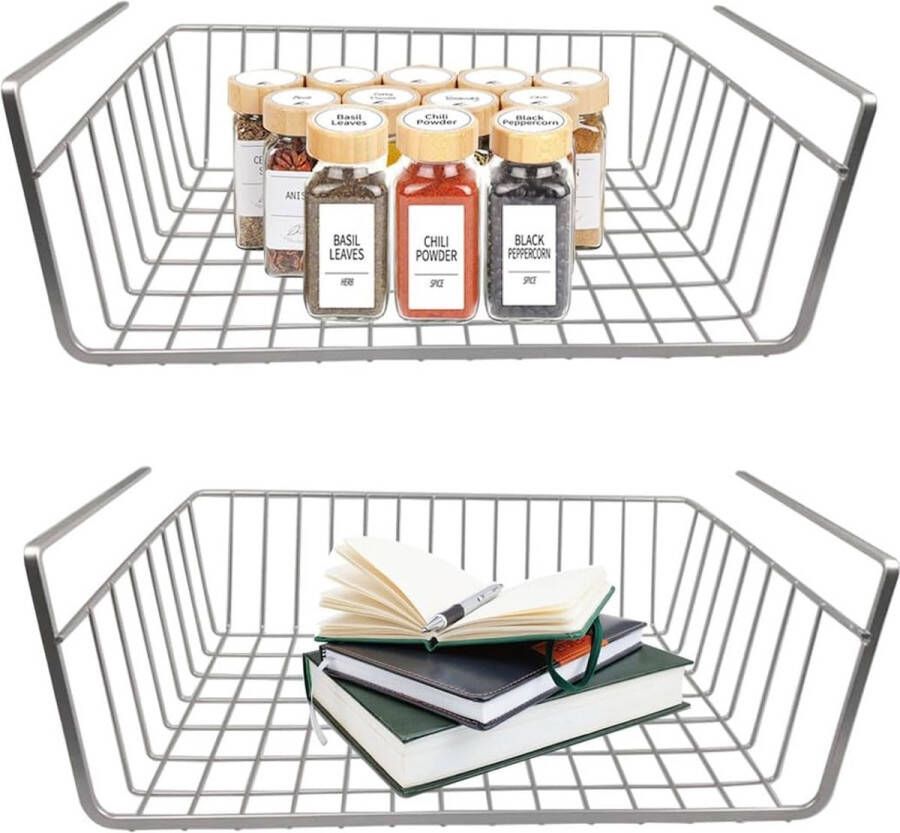 Opbergmand onder plank hangende mand Metalen hangende mand Plank onder kast Hangende mand Metalen mand Organizer Plank Hangende mand voor keuken kantoor bijkeuken badkamer kast (2 stuks