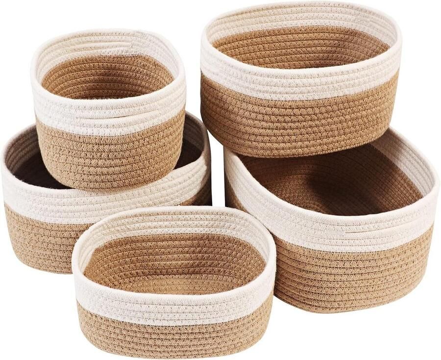 Opbergmand van Gevlochten Katoenen Touw voor Kinderen Set van 5 Stapelbaar en Multifunctioneel Organisatiecontainer voor Decoratie Badkamer Opbergdozen voor Kleding Jute