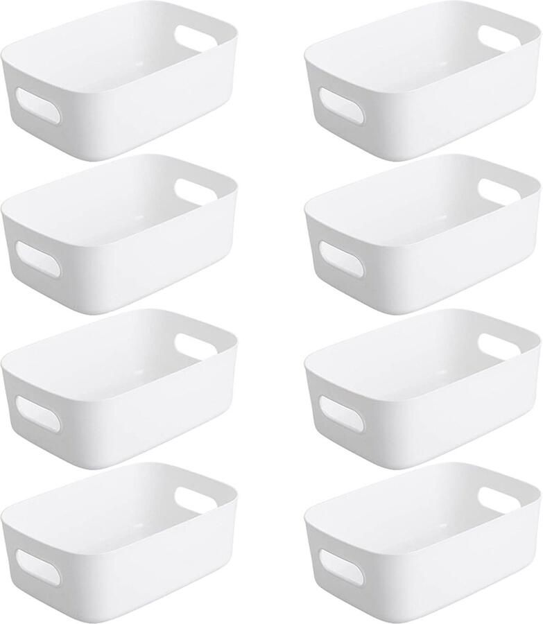 Opbergmand van kunststof wit 8 stuks opbergmand van kunststof met handvat voor stapelbare kasten keuken slaapkamer badkamer kantoor 20 x 14 x 7 5 cm (wit)