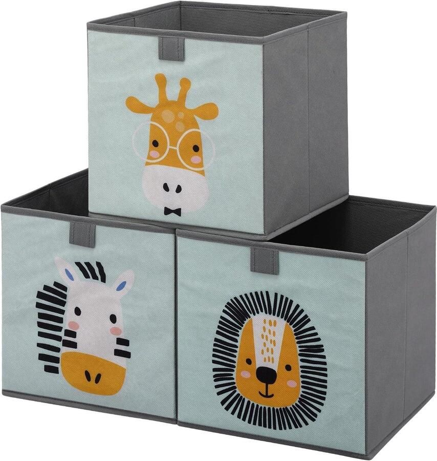 Opbergmand voor kinderen Set van 3 28 x 28 x 28 cm Opvouwbaar Speelgoed organizer voor vakkenkast Met dierenmotief