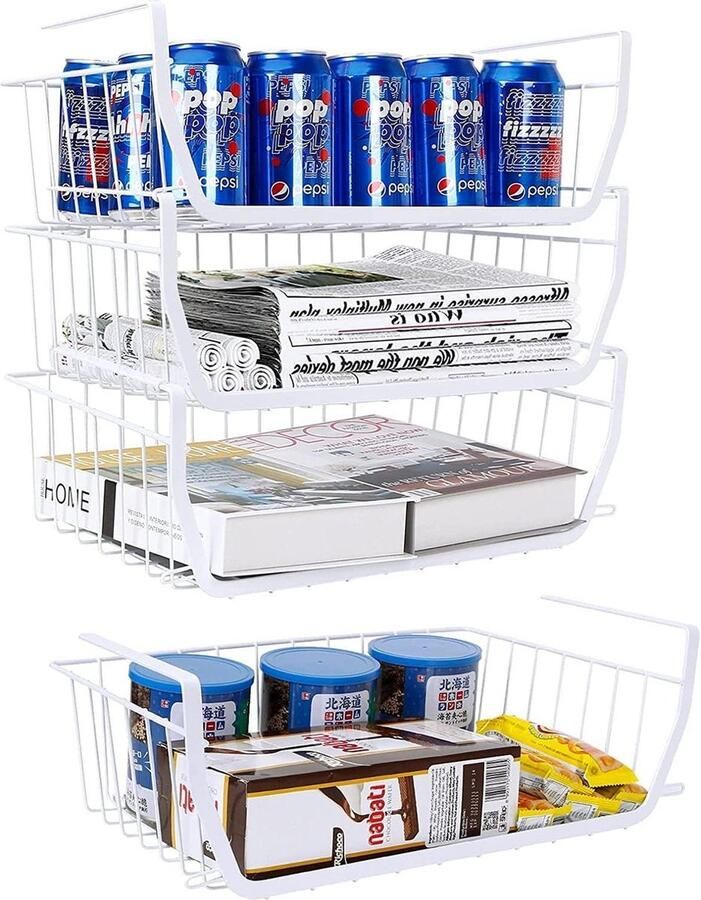 Opbergmand voor onderrek Set van 4 Hangmand Metaal Opslag Organizer Kastmanden voor Keuken Badkamer Wit