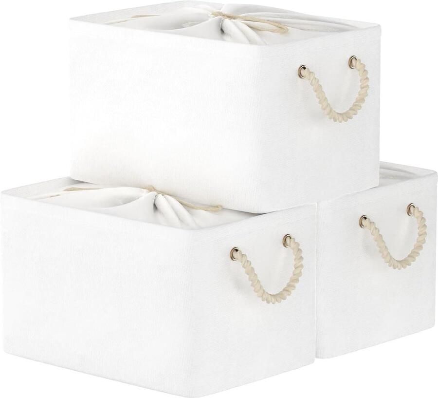 Opbergmanden 3-Pack Stof Opvouwbaar met Koorddeksel en Handvatten voor Kast en Plank 33x23x20cm Wit SNK003WS