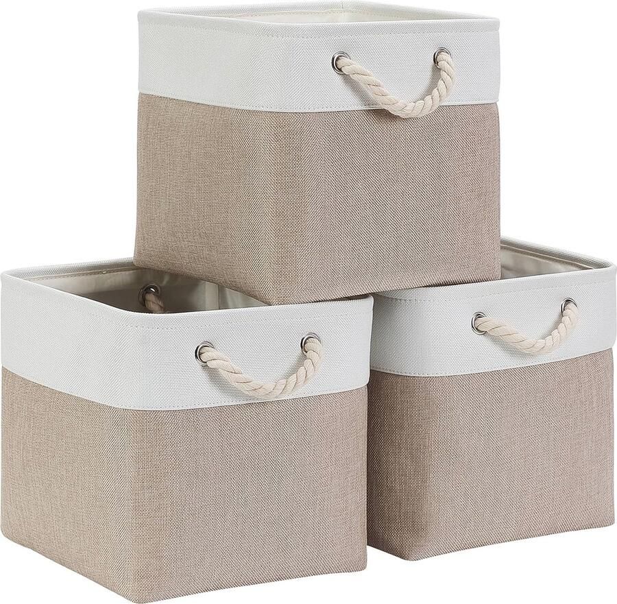 Opbergmanden Set van 3 – Kaki en Crème – Lichtgewicht en Duurzame Canvas Kubussen voor Organisatie in Kasten en Planken 25x25x25 cm