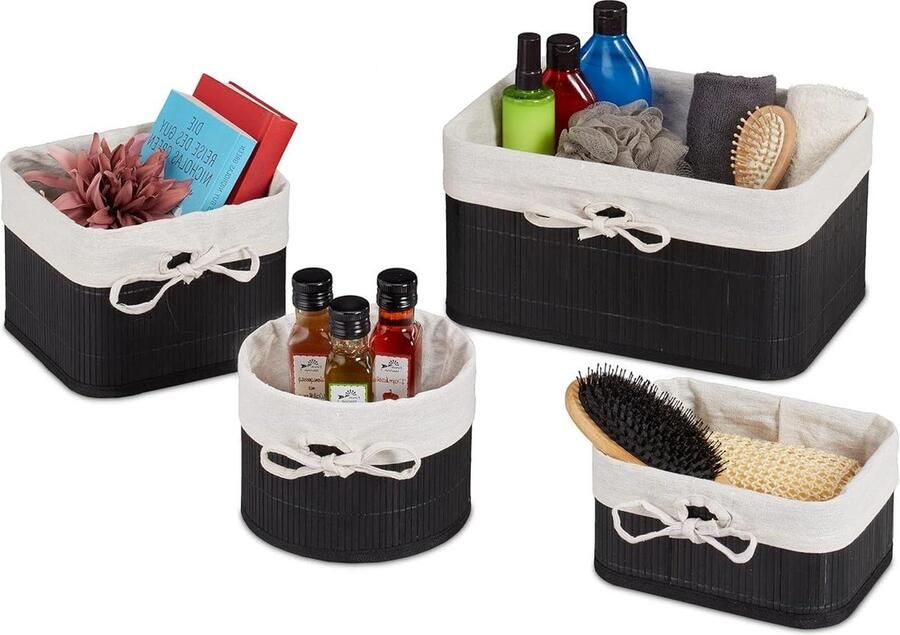 Opbergmanden set van bamboe 4 stuks voor kast badkamer zwart crème verschillende groottes Wicker Storage Basket (2-5)
