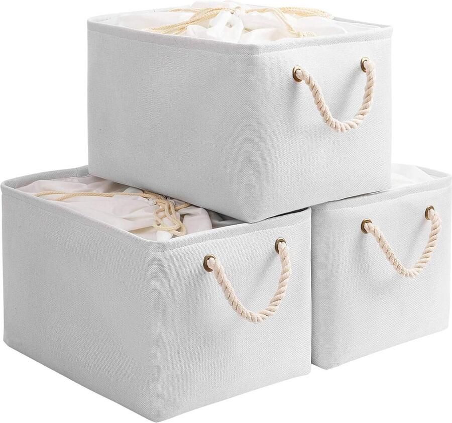 Opbergmanden met Koorddeksel 3-Pack Geschikt voor kast en plank Wit Stof 33x23x20cm