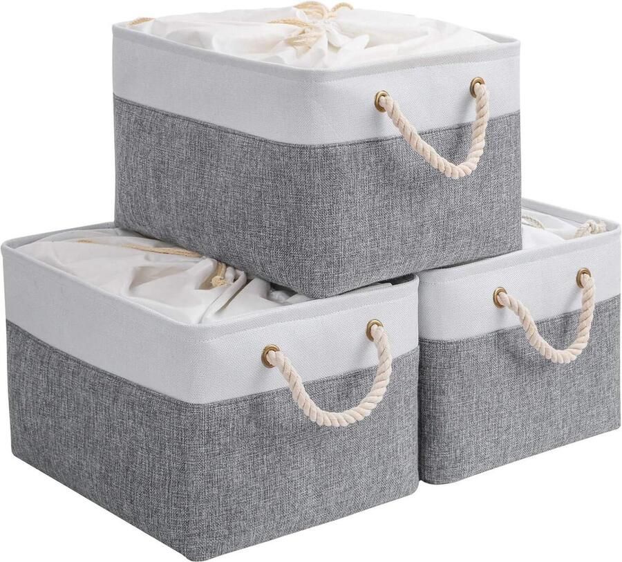 Opbergmanden set opvouwbaar 3 stuks wit grijs stof 38x28x26cm