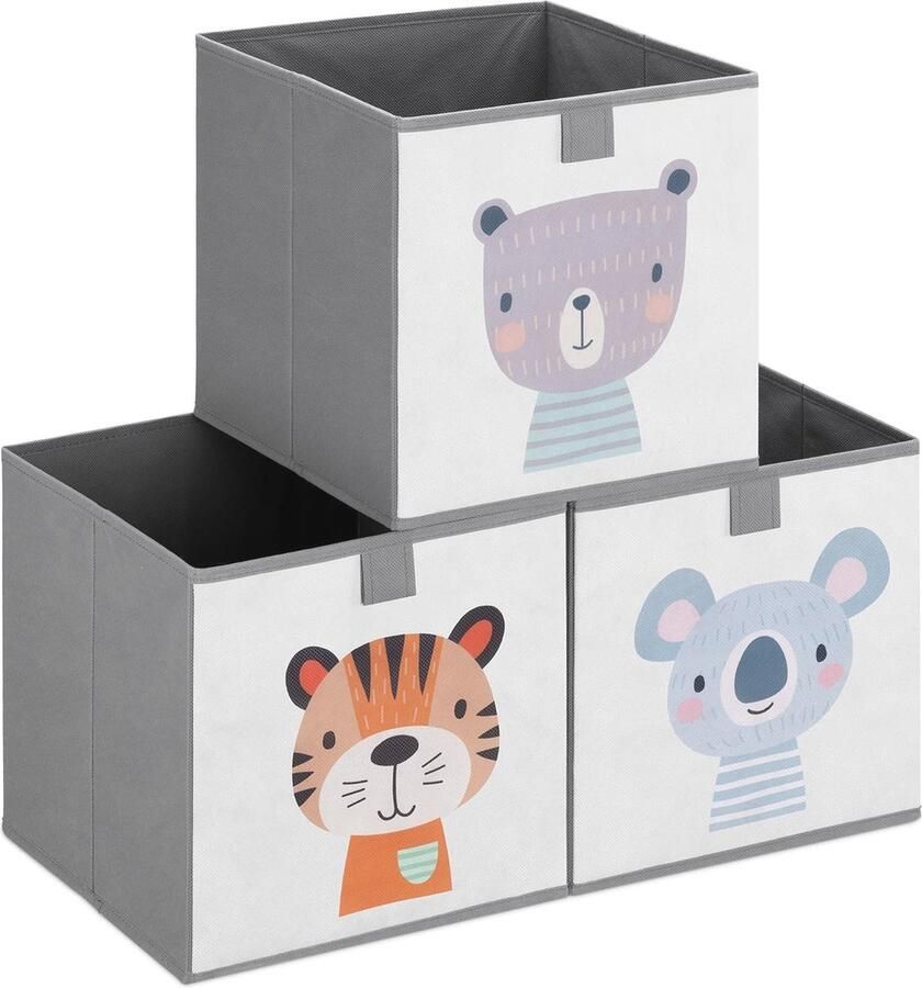 Opbergmanden voor kinderen Set van 3 opvouwbare speelgoedorganizers Dierenmotief 28 x 28 x 28 cm