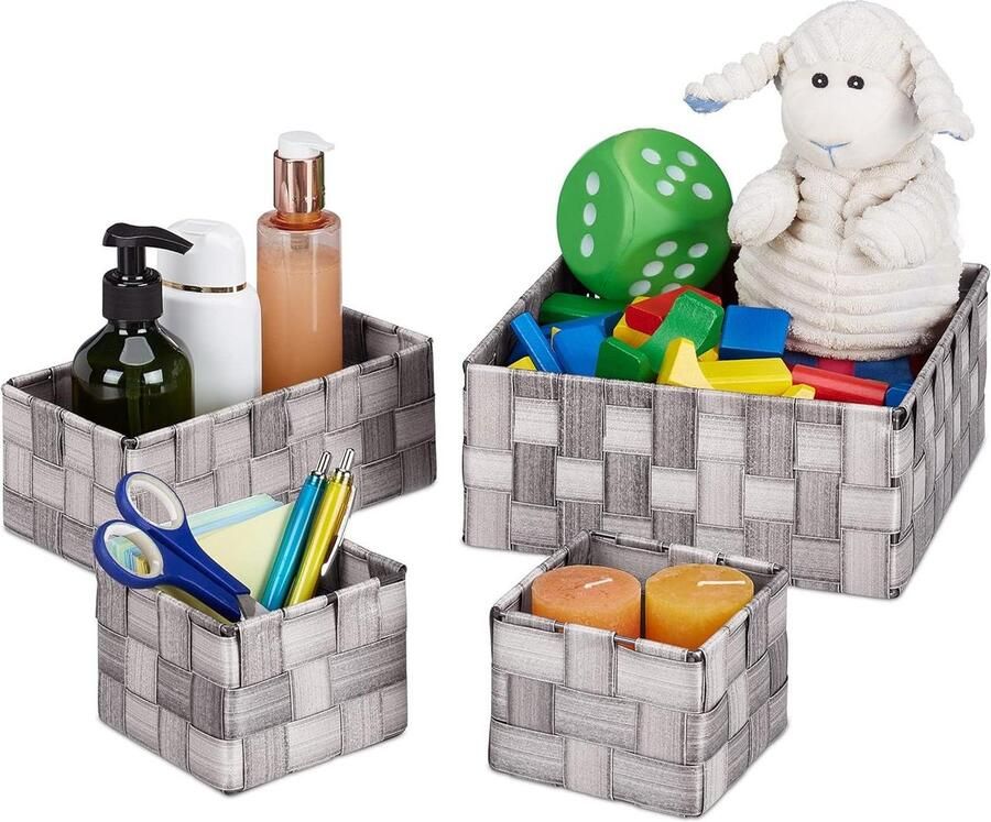 Opbergmandjes badkamer set van 4 3 groottes mandjes in houtlook gevlochten kast kunststof grijs Wicker Storage Basket (2-5)