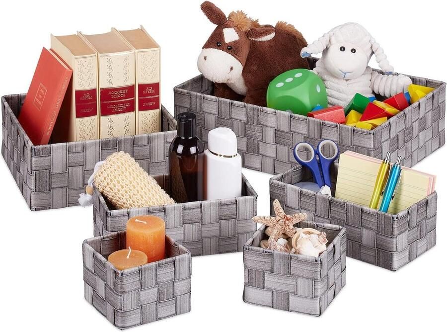 Opbergmandjes badkamer set van 6 Gevlochten mandjes in houtlook Grijs Opbergmanden voor kast 4 groottes Wicker Storage Basket (2-5)