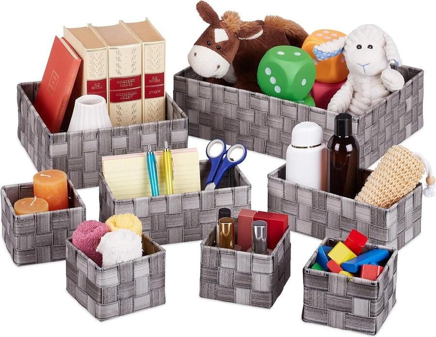 Opbergmandjes badkamer set van 8 4 groottes mandjes in houtlook gevlochten kast kunststof grijs Wicker Storage Basket (2-5)