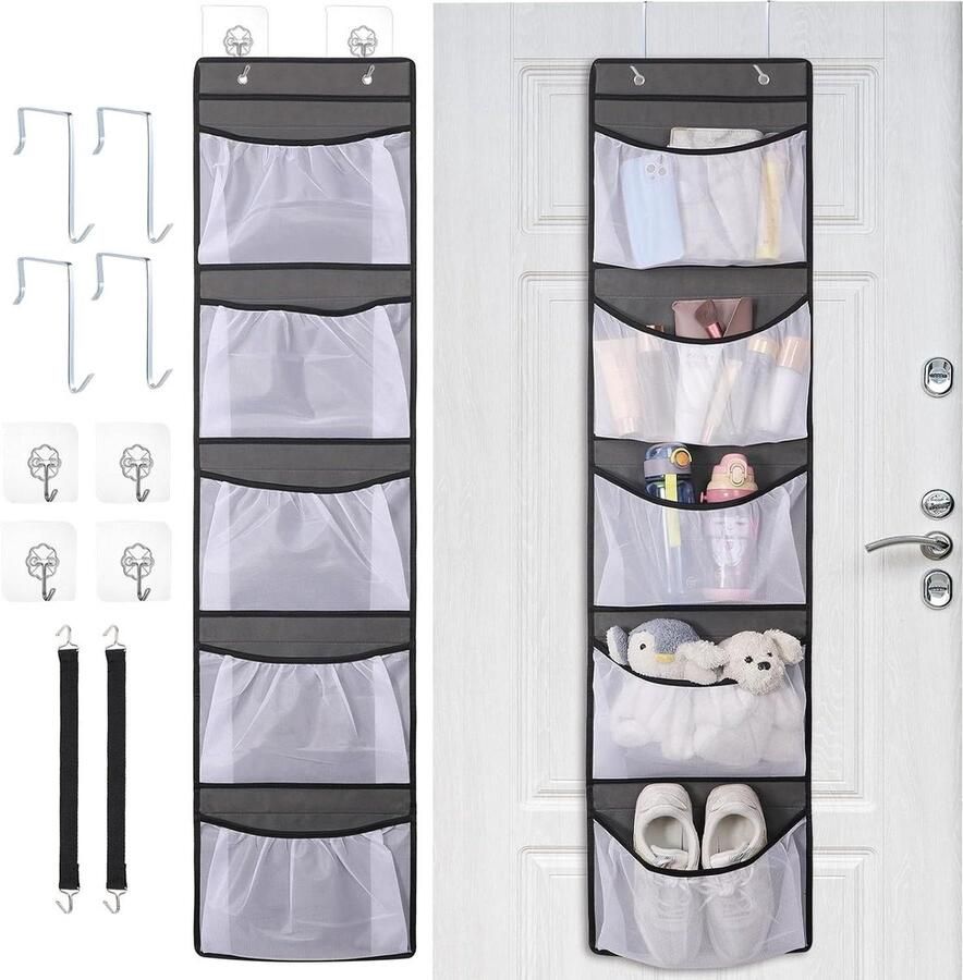 Opbergorganizer voor deur Grote capaciteit 5 gaasvakken Stevige opbergruimte Achterkant deur Kledingkast slaapkamer