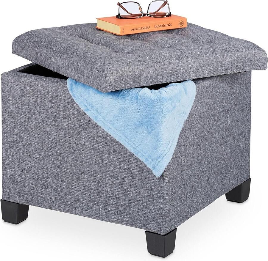 Opbergpoef 42-x-45-x-45 cm Stoffen Bekleding Grijs Schuimstof Gepolsterd - Foto 2