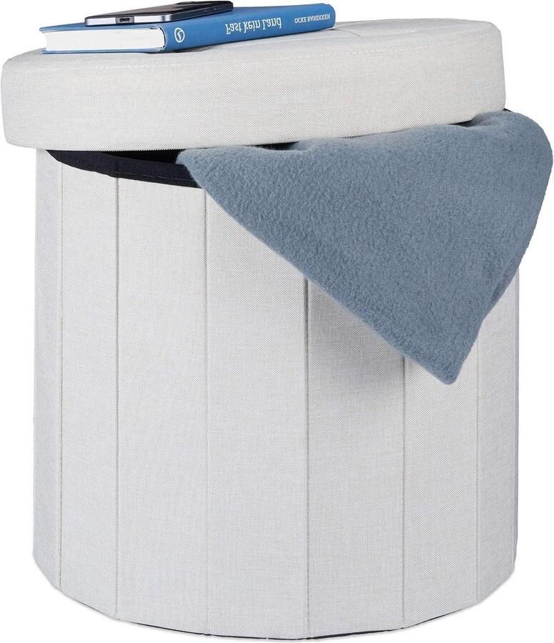 Opbergpoef crème met zitkruk en opslagruimte 38 x 38 x 38 cm gepolsterde voetenbank