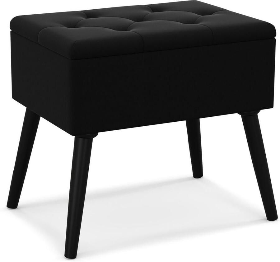 Opbergpoef kaptafel – Fluwelen zitting massief hout multifunctionele kruk zwart