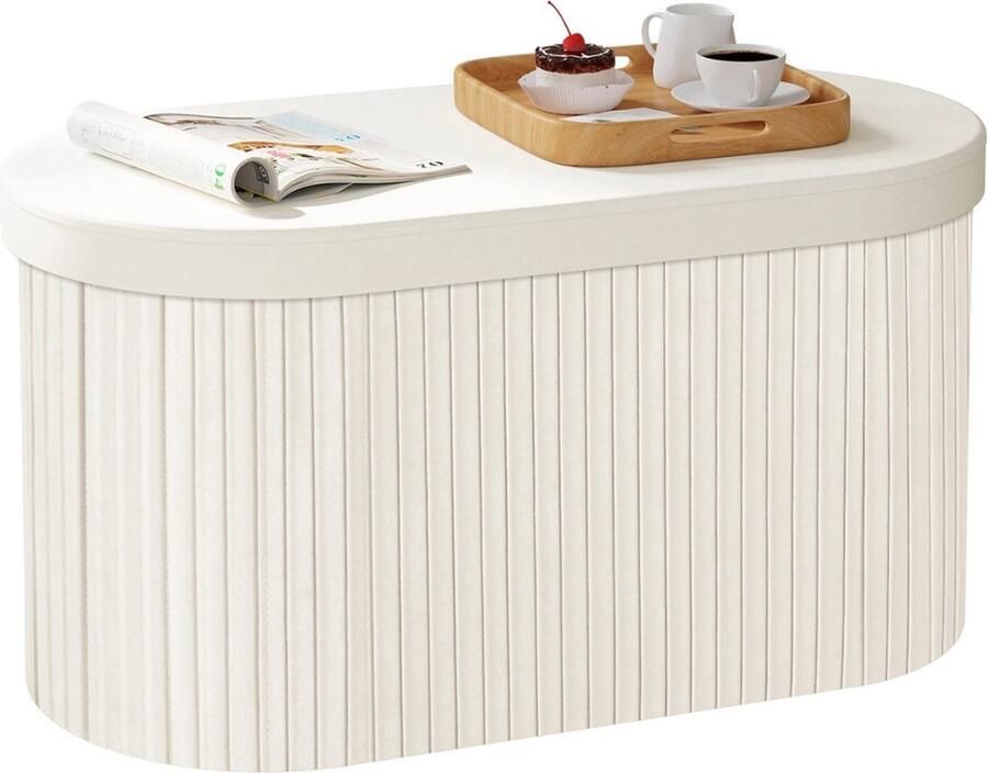 Opbergpoef met Deksel Opvouwbare opberg poef Bankje Creme Beige Ovaal Groot 72x35x34.5 CM