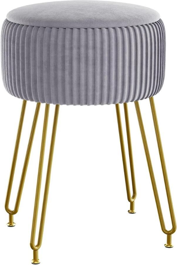 Opbergpoef Met Deksel – Ronde Poef met Opbergruimte Opbergbox – Met Gouden Stalen Poten Voetensteun – Fluweel Grijs