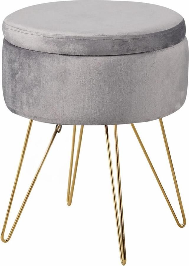 Opbergpoef Met Deksel – Ronde Poef met Opbergruimte Opbergbox Met Gouden Stalen Poten -Voetensteun – Fluweel Grijs
